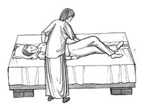 Рис.3. Подготовка пациента к повороту на другой бок: пациент лежит на спине, обе простыни находятся у него под спиной.