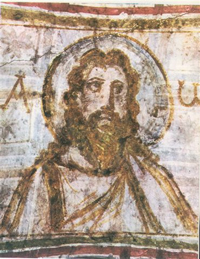 Фрагмент росписей римских катакомб - одно из первых изображений Христа с нимбом - реакция Церкви на ересь Ария