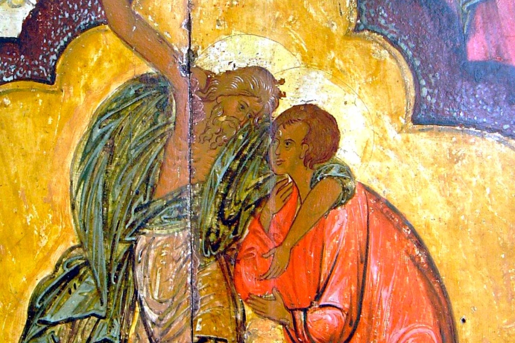 Андрей Юродивый и его друг Епифаний; фрагмент иконы Покрова Богородицы 16 в.