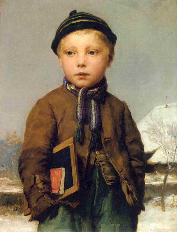 Albert Anker 1831 - 1910 Realism Painting school-boy-with-slate-board-in-a-snowy-landscape-1875