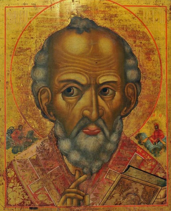 “Никола Отвратный”. Икона 18 века, Москва. Главным отличием от других, более традиционных, иконографических изображений этого святого является то, что в данном случае его лицо несколько развернуто («отвращено») по отношению к фигуре налево, а глаза, напротив, обращены направо. Таким образом достигается эффект, при котором лик иконы как бы «смотрит» на левое плечо зрителя (за которым, как принято считать, стоит бес). Еще одно отличие от традиционных — то, что книга (Евангелие) в левой руке Николая не открытое, как обычно, а закрытое. Никола_Отвратный