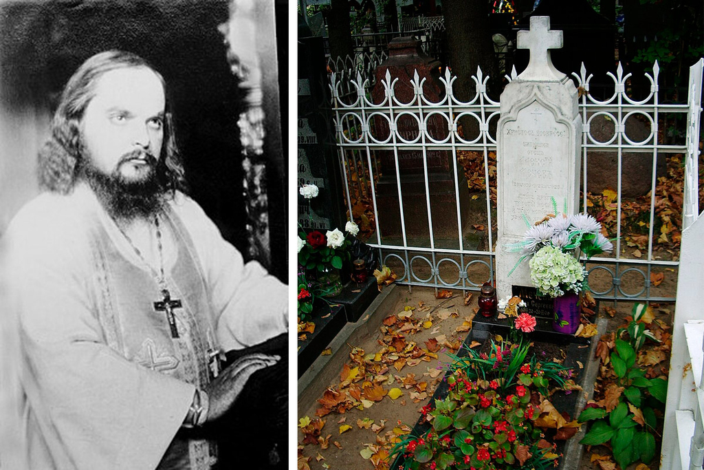 Сергей Мечев &ndash; сын Алексея Мечева. Справа &ndash; надгробие Алексея Мечёва на Введенском кладбище.