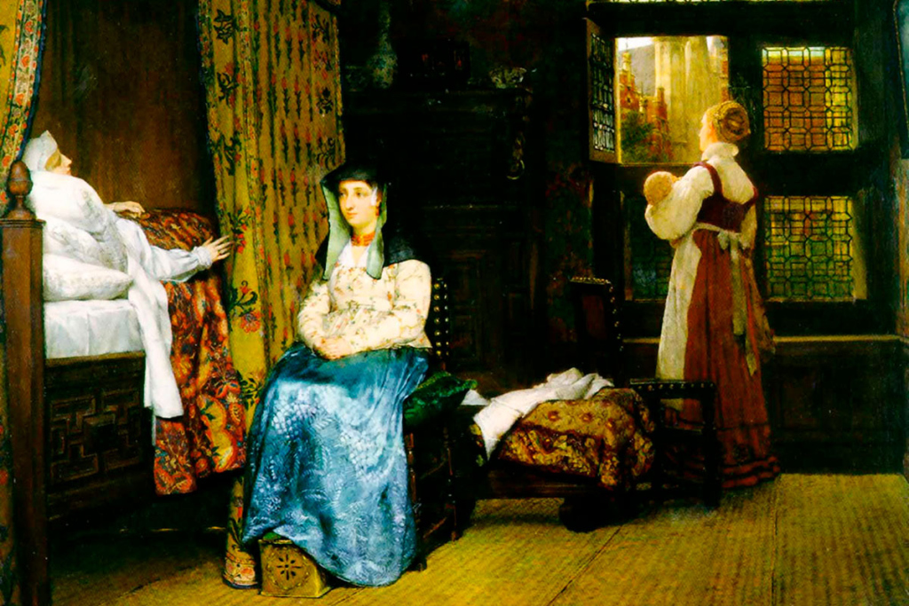 «Родильная комната в XVII веке». Лоуренс Альма-Тадема, 1868
