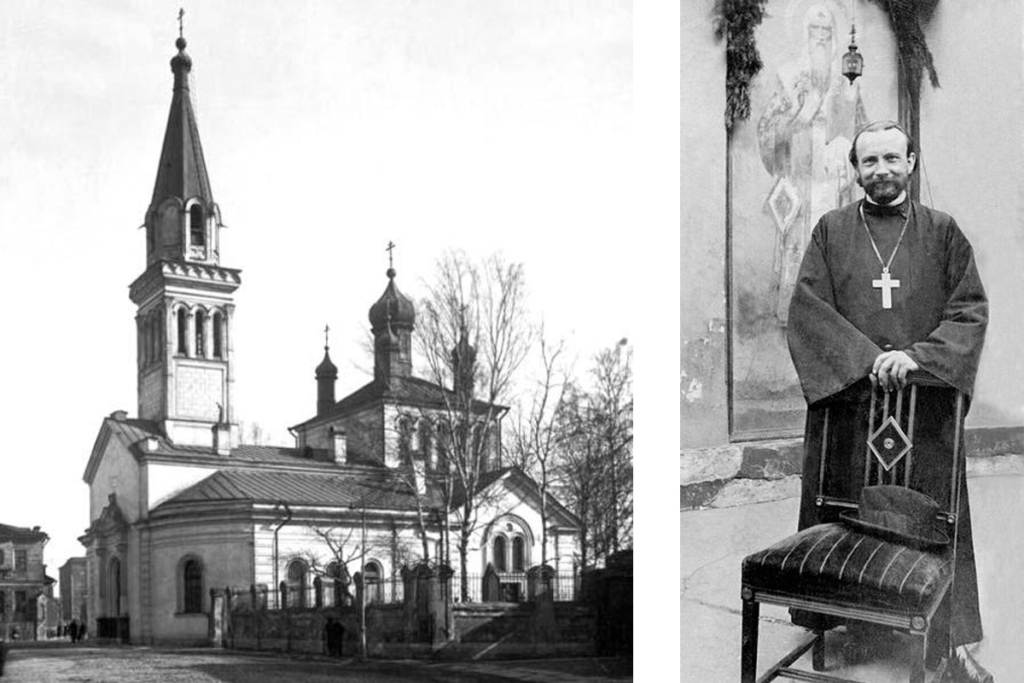 Санкт-Петербургский храм Марии Магдалины в начале XX века, разрушен в 1972 году. Справа – священник Роман Медведь