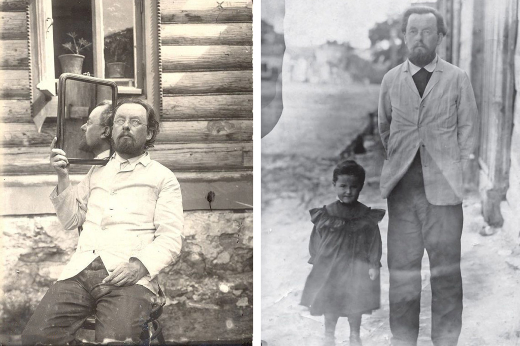 К. Э. Циолковский с зеркалом 6 июля 1902 года. Фото А. Ассонова. Справа – Циолковский с дочерью Марией, сентябрь 1899 года