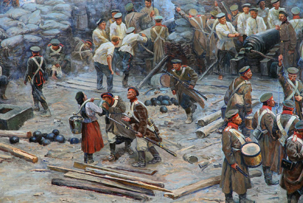Панорама «Оборона Севастополя 1854—1855 гг.» (1904). Фрагмент. Франц Рубо запечатлел Дашу на своей панораме — чуть левее флагштока Даша с коромыслом на плече, у бруствера Малахова кургана она даёт напиться из ведра двум русским солдатам