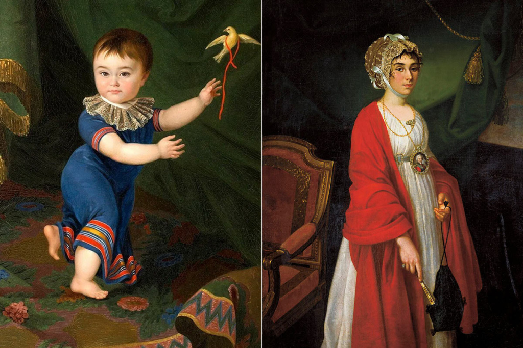 Слева – портрет графа Дмитрия Шереметева в детстве. Н.И.Аргунов, 1804 год. Справа – Прасковья Ивановна Ковалева-Жемчугова, графиня Шереметева. Н.И.Аргунов, 1803 год