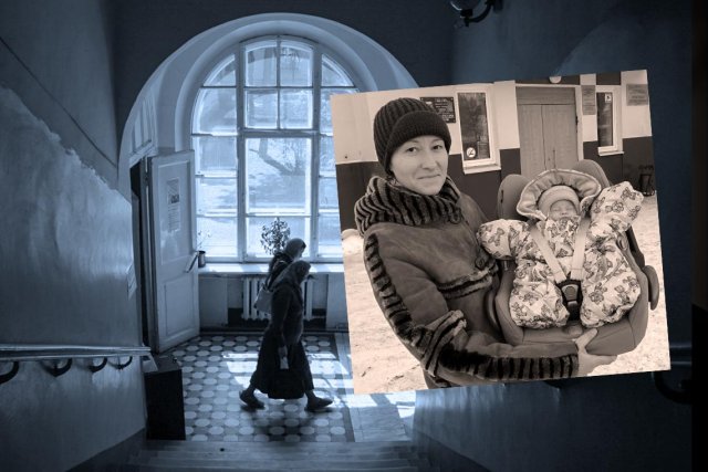 Коллаж Дмитрия Петрова. Фотография Веры со своим ребенком на фоне санитарок