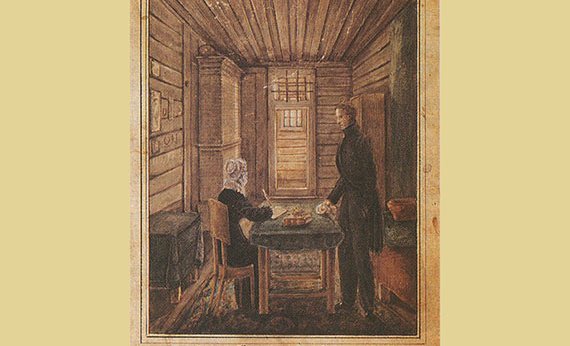Рисунок Н. Бестужева. Розен с женой в камере Петровской тюрьмы