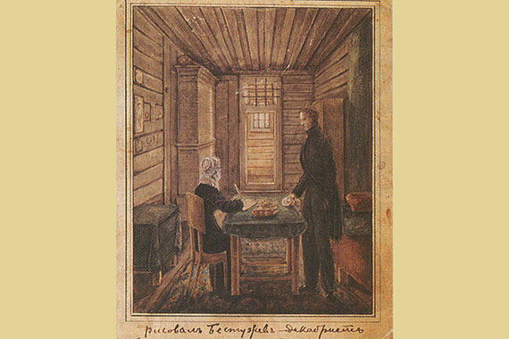 Рисунок Н. Бестужева. Розен с женой в камере Петровской тюрьмы