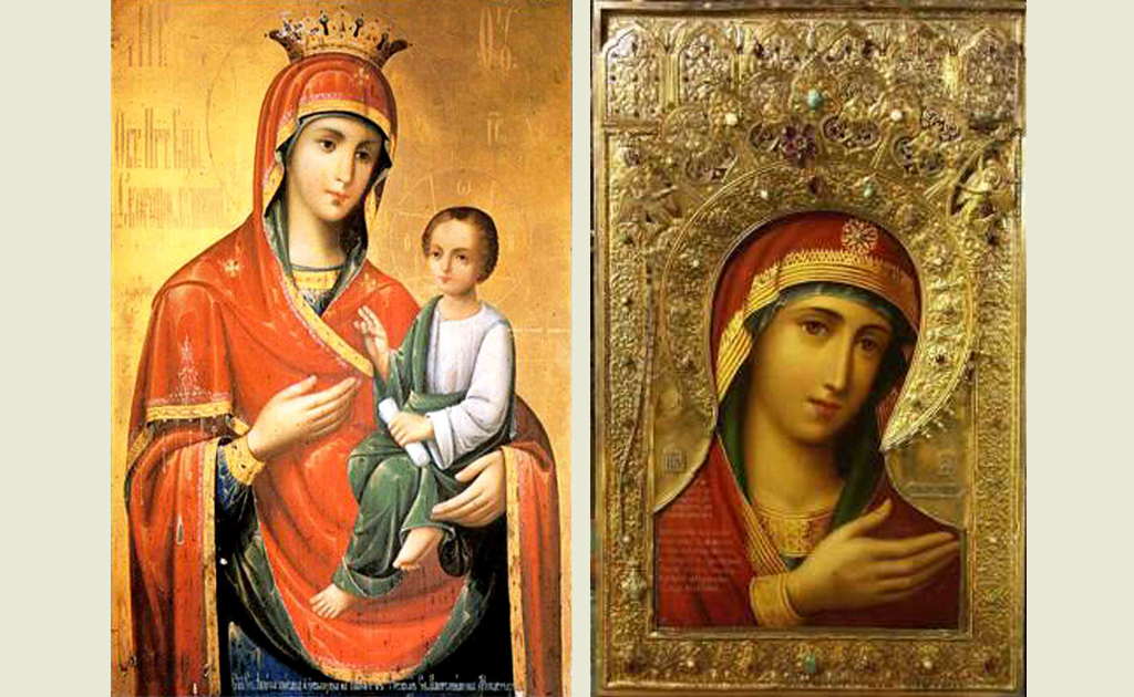 Иконы Божией Матери «Скоропослушница». Слева — список с Афонской иконы, справа — икона Невская Скоропослушница