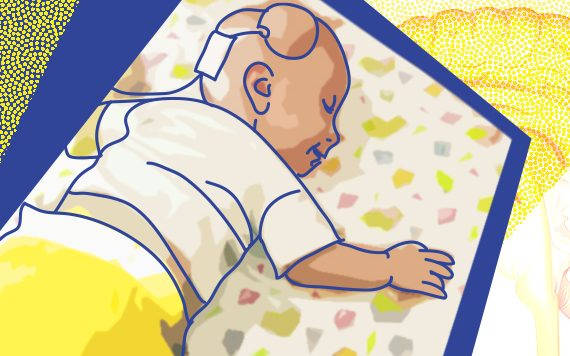 Коллаж Ольги Сутемьевой с использованием фото из личного архива. Ребенок спит на пеленке