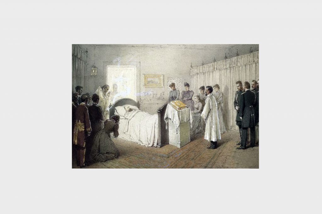 Иоанн Кронштадтский проводит панихиду по Александру III в Малом дворце в Ливадии. 1866 год. Рисунок с сайта hranitel.club
