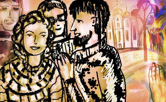 Рисунок Галины Станога. Трое молодых людей беседуют на улице