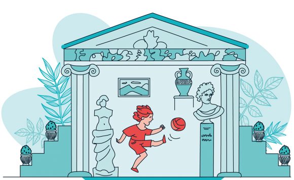 Рисунок. На фоне античного здания мальчик играет в футбол