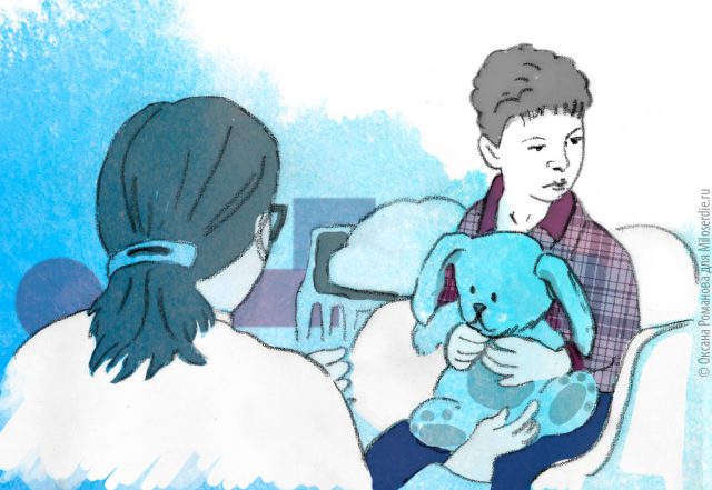 Мама сидит напротив сына с игрушечным зайцем, сидящим на кровати. Рисунок Оксаны Романовой для Miloserdie.ru