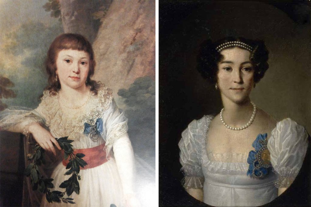 Слева – юная графиня Анна. Иоганн Батист Лампи, около 1796 г. Справа – Анна Орлова с фрейлинским шифром Елизаветы Алексеевны, неизвестный художник н. XIX в