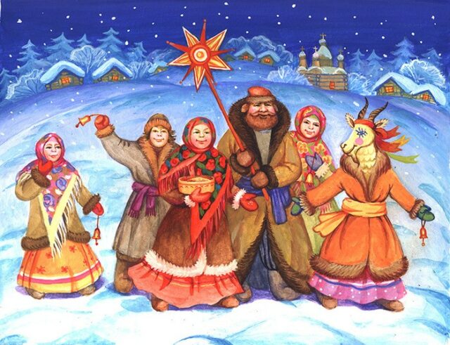 Рисунок. Колядовщики идут по улице