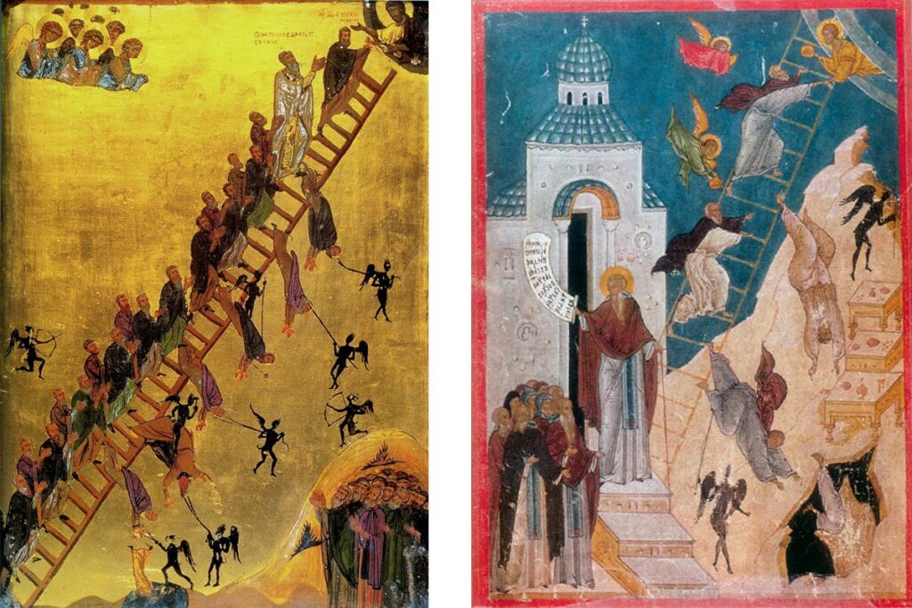 Лествица райская (византийская икона XII века, монастырь Святой Екатерины, Синай) и древнерусская миниатюра начала XVI века