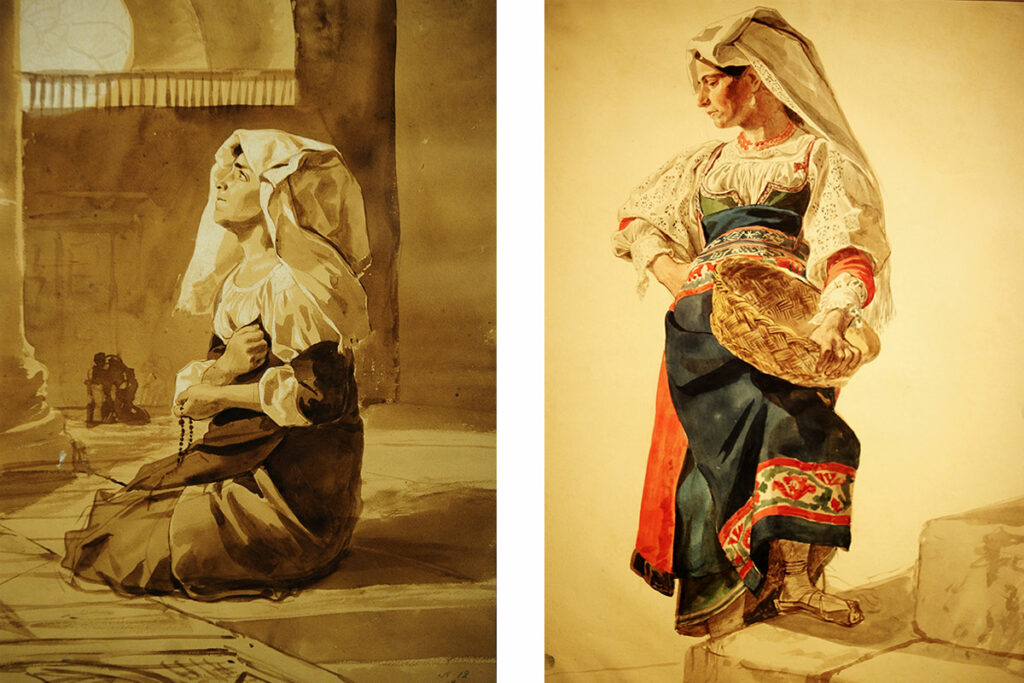 Карл Брюллов. Слева – «Коленопреклоненная итальянка в храме». Справа – «Чочара Рикка с корзиной»
