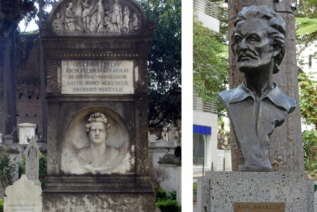 Слева – надгробие Карла Брюллова на Римском протестантском кладбище. Справа – бронзовый бюст Карлу Брюллову в центральном парке города Фуншала на острове Мадейра (Португалия)