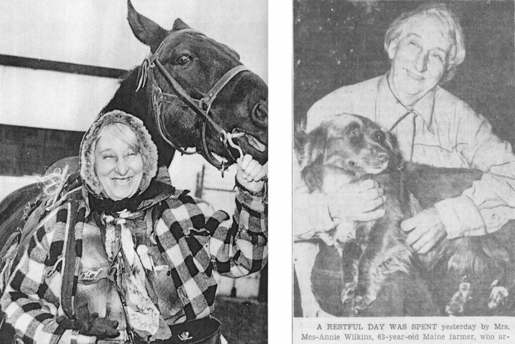 Слева Энни Уилкинс с лошадью, справа с собакой