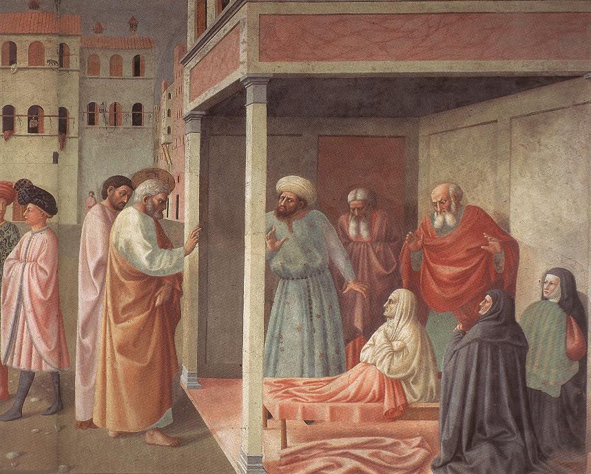 Апостол Петр, воскрешающий Тавифу. Фреска нач. XV в.