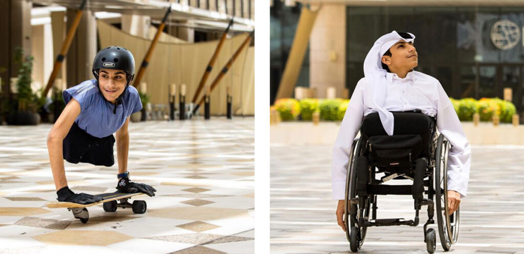 Ганим Аль-Муфта слева на фото едет на скейтборде, справа на фото в инвалидной коляске