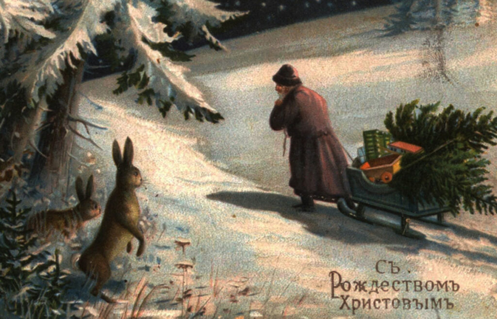 Дед Мороз в лесу на старинной открытке