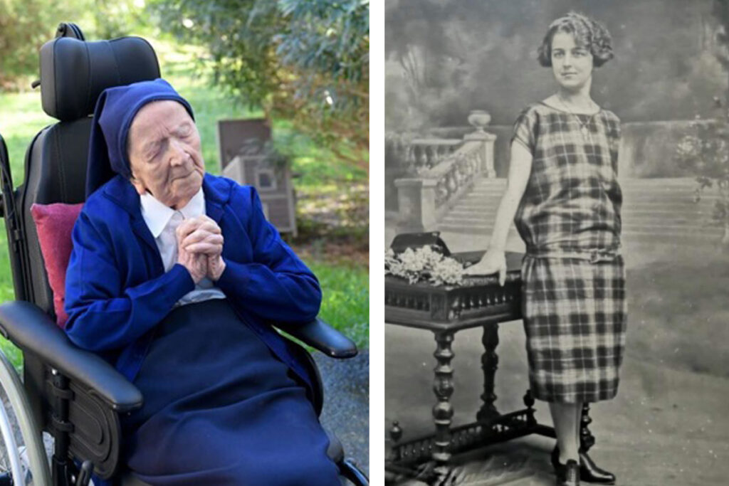 Сестра Андре. Слева – в инвалидной коляске в саду. Справа – в молодые годы до пострига
