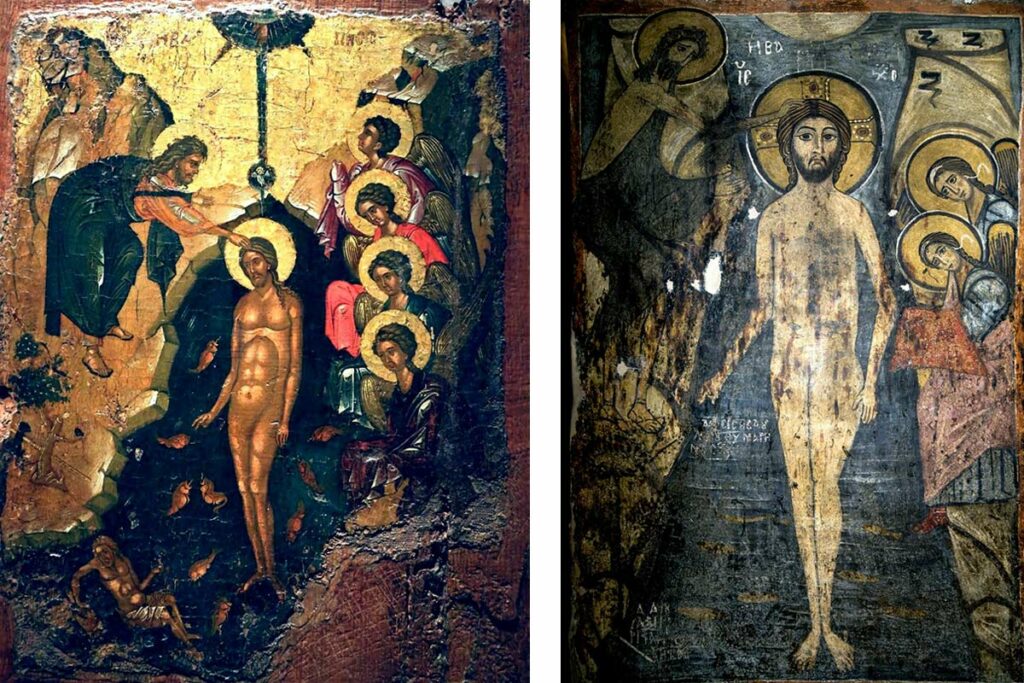 Крещение Господне. Слева – греческая икона XV века. Византийский музей в Афинах. Справа – византийская фреска в церкви Святого Стефана в Кастории, Греция