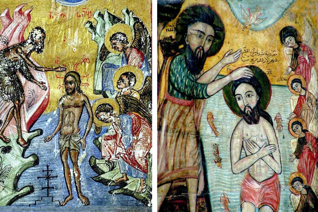 Крещение Господне. Слева – книжная миниатюра. Грузия, 1502 год. Справа – коптская икона