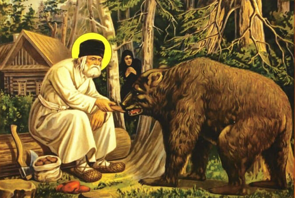 Серафим кормит медведя. Фрагмент литографии начала XX века