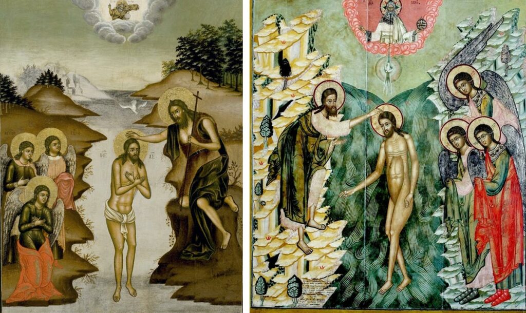 Крещение Господне, иконы. Слева – возможно Ярославль, 1740-е годы. Справа – Новгород, конец XVII в.