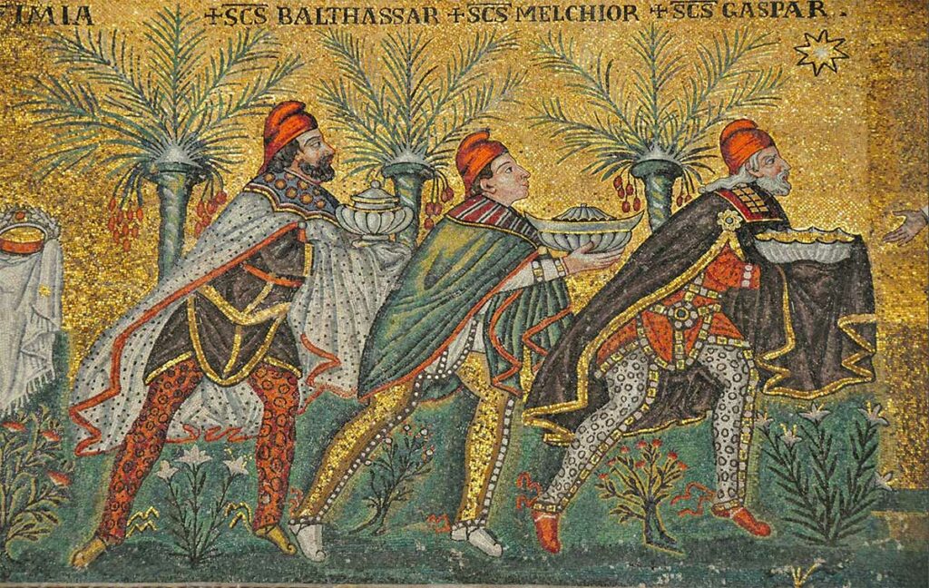 Волхвы Балтазар, Мельхиор и Каспар. Фрагмент мозаики в церкви Сан Аполлинаре Нуово. Равенна. VI в.