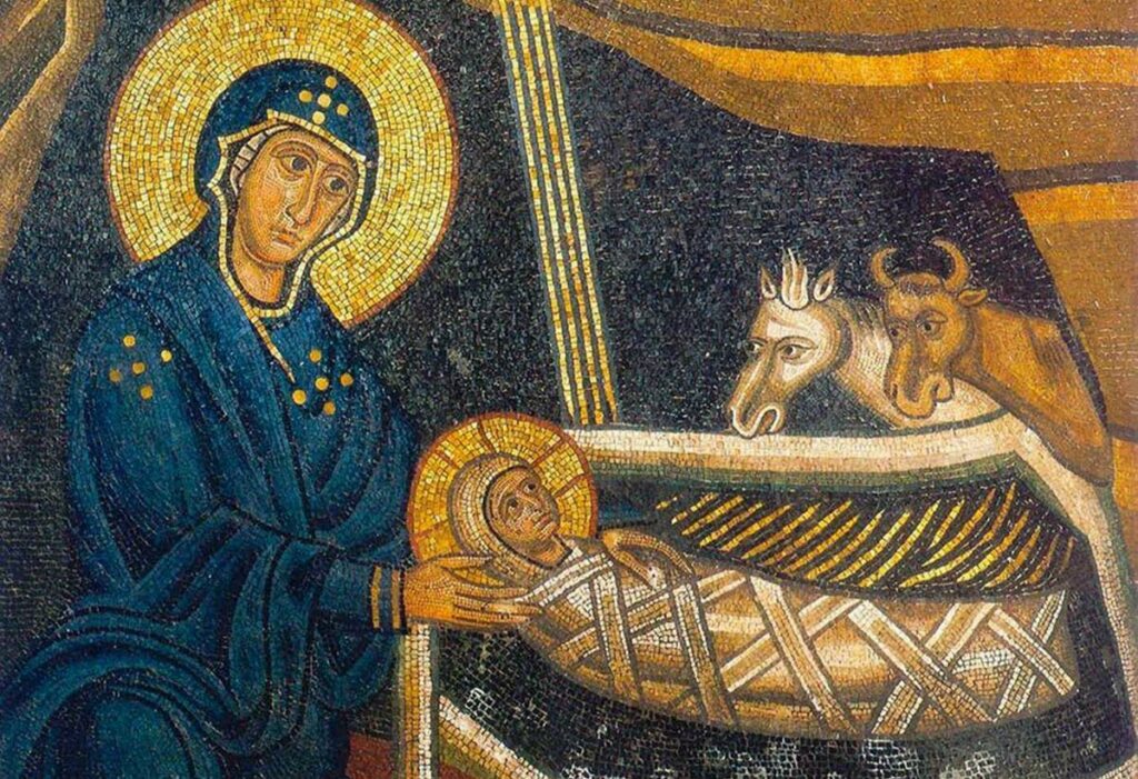 Рождество Христово. Фрагмент мозаики, Греция, монастырь Осиос Лукас, начало XIV в.