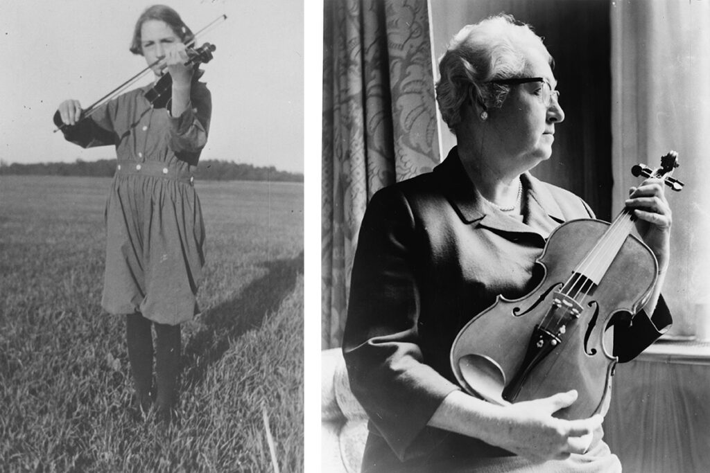 Слева – одиннадцатилетняя Вирджиния Апгар играет на скрипке, 1920 год. Справа – Вирджиния Апгар с самодельной скрипкой, 60-е годы