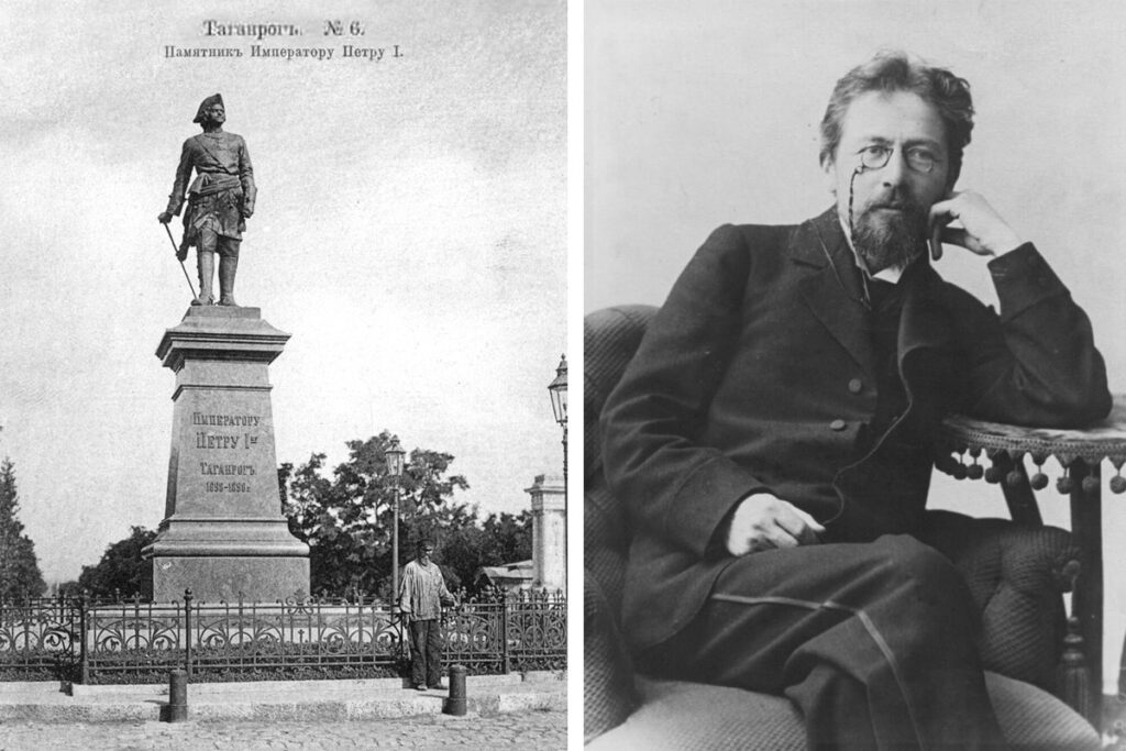 Слева – памятник Петру I. Справа – А.П. Чехов. Фото: Д.С. Здобнов. Санкт-Петербург, 1898 г.