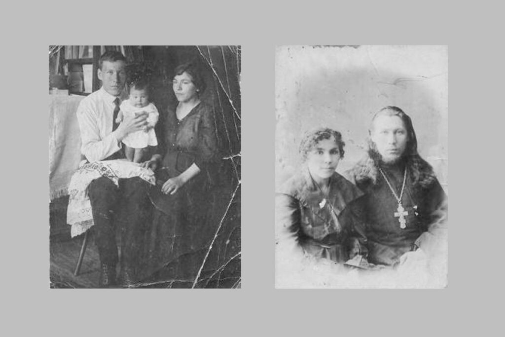Петр и Анна Варламовы с первенцем, сыном Анатолием. Преображеновка, 1917 г. Священник Петр Варламов с матушкой, 1925 г.
