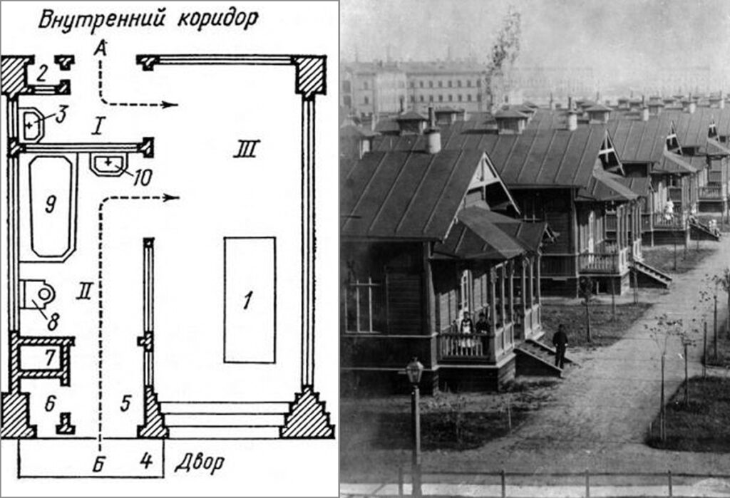 Слева – Бокс системы Соколова-Мельцера.  А — вход для персонала; Б — вход для больного; I — шлюз для персонала; II — шлюз для больного; III —палата. 1 — койка; 2 — окошко для подачи пищи; 3 — раковина для умывания персонала; 4 — ступень у входа; 5 — передняя; в — место для грязного белья и посуды; 7 — вентиляционный канал; 8 — унитаз; 9 — ванна; 10 — раковина для умывания больного. Справа – Александровская барачная больница