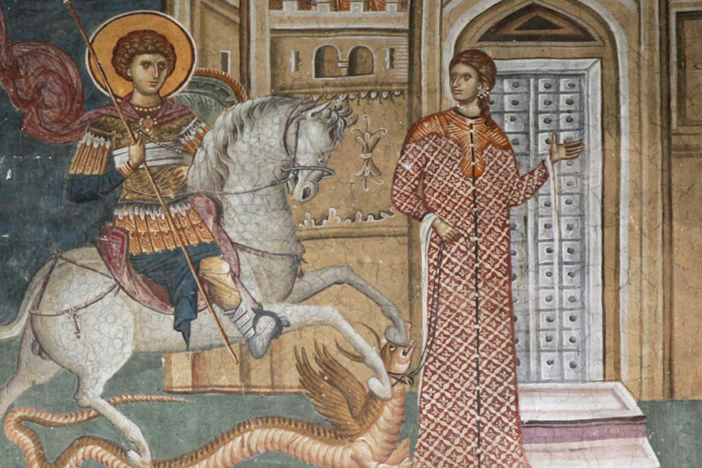 Чудо Георгия о змие. Фрагмент фрески, до 1350 г. Монастырь Дечаны, Сербия