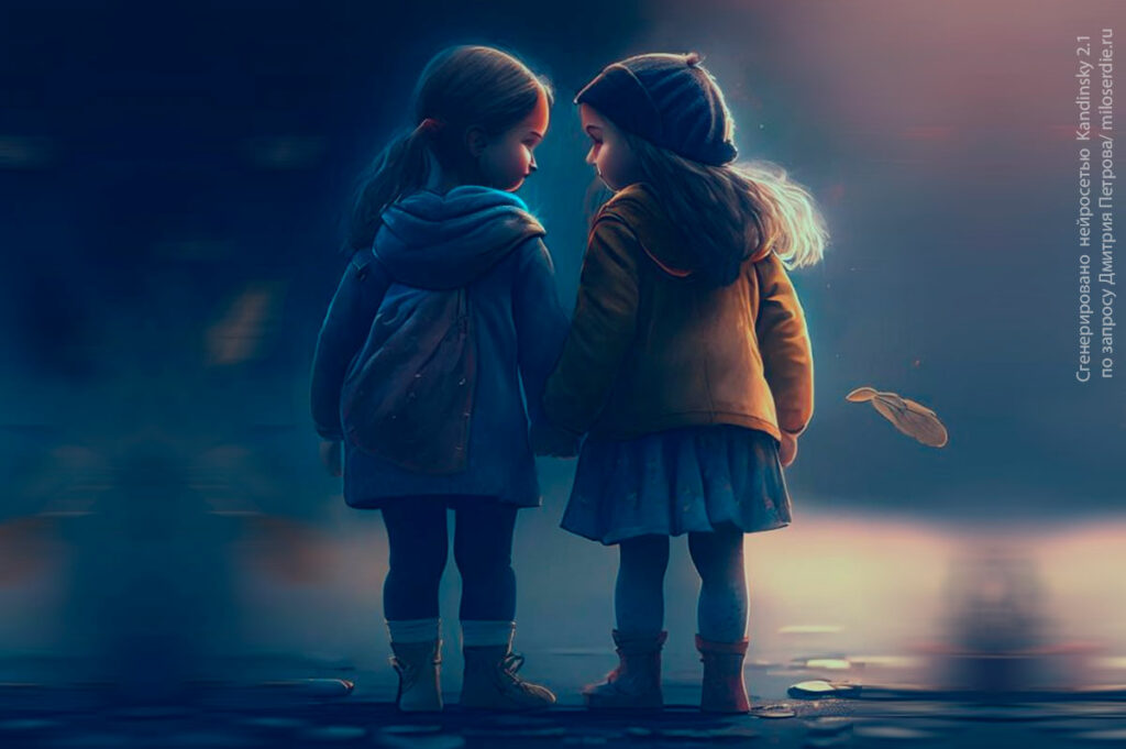 Две девочки стоят спиной, взявшись за руки. Изображение, сгенерированное нейросетью Kandinsky 2.1