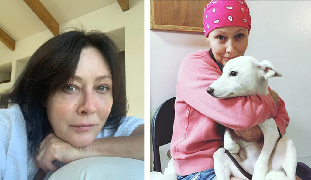 Две фотографии. Слева актриса Шеннен Доэрти крупным планом. Справа – Шеннен Доэрти с собакой белого окраса
