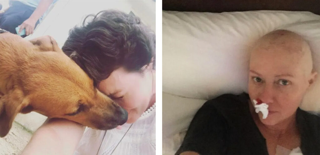 Две фотографии. Слева  Шеннен Доэрти с собакой рыжего окраса. Справа – в больнице после химиотерапии