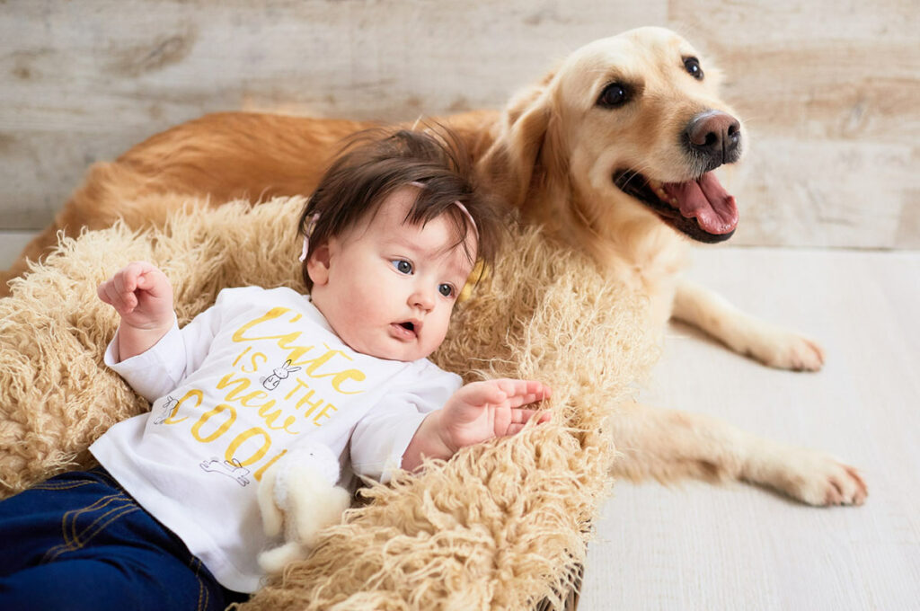 Ребенок с собакой на полу