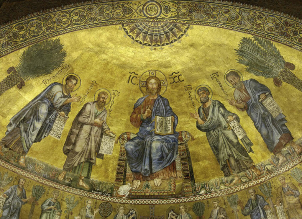 Господь Иисус Христос с апостолами. Мозаика XIII века в апсиде церкви Сан-Паоло Фуори Ле Мура 