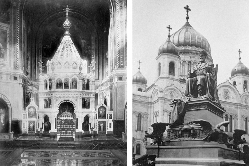 Слева – внутреннее убранство храма Христа Спасителя. Справа – памятник императору Александру III перед храмом Христа Спасителя в Москве, 1912 год
