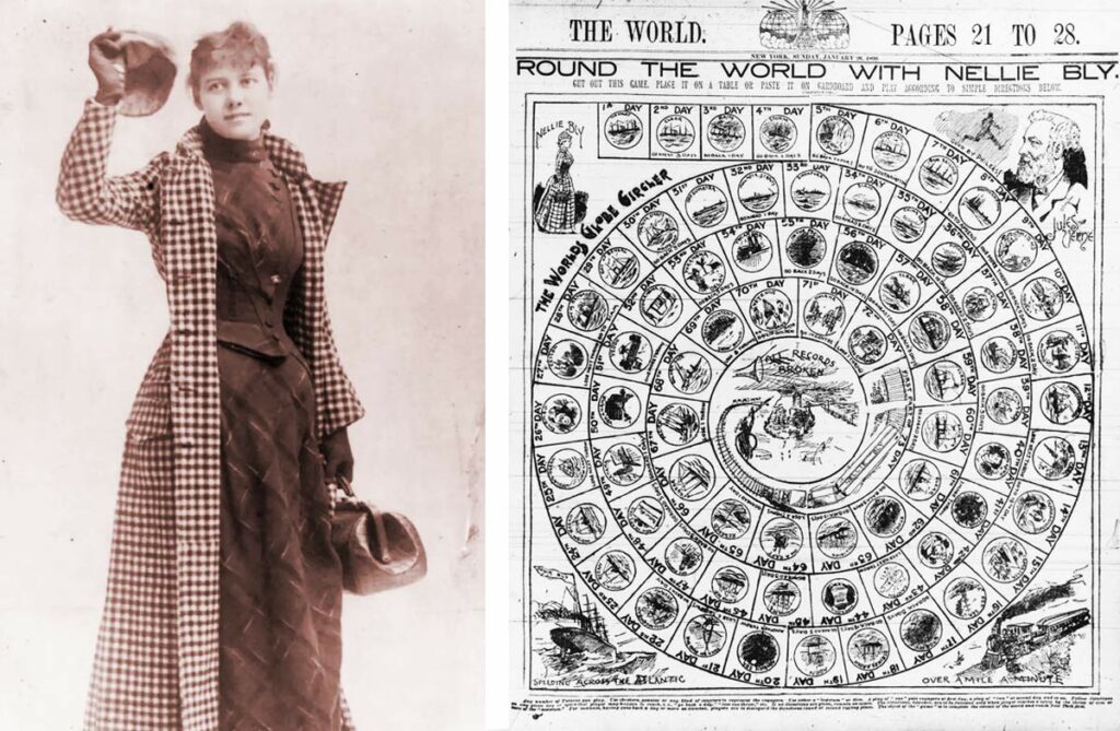 Слева – Нелли путешествует вокруг света. Справа – настольная игра о кругосветном путешествии Нелли Блай в 1889–1890 годах, из The World , 26 января 1890 года