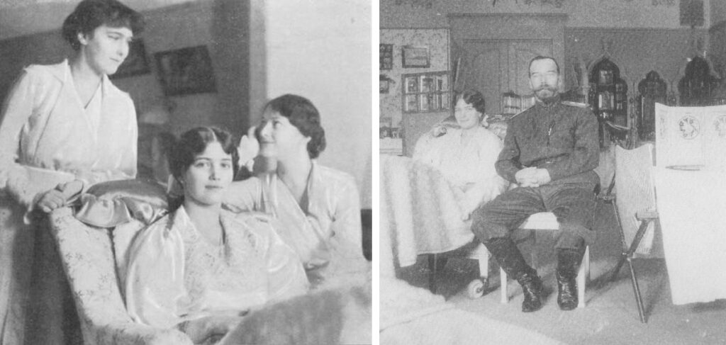 Домашний арест в Царском селе. Слева – великие княжны Анастасия, Мария и Татьяна Николаевны. Весна 1917 года. Справа – Мария с отцом