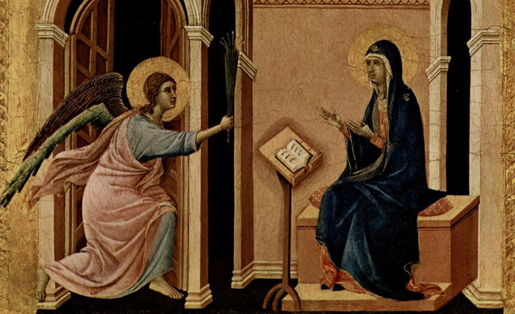 Архангел Гавриил приносит Деве Марии весть о предстоящей кончине (Дуччо, Маэста, деталь, 1308 – 1311)